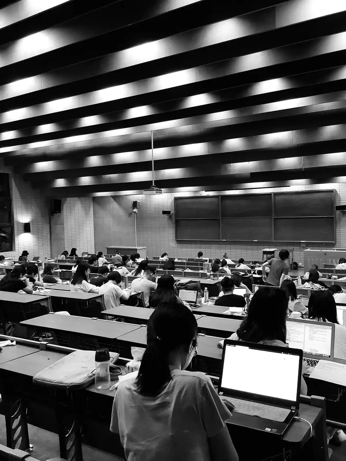 A written exam in a large hall, rows of students at their computers, seen from behind