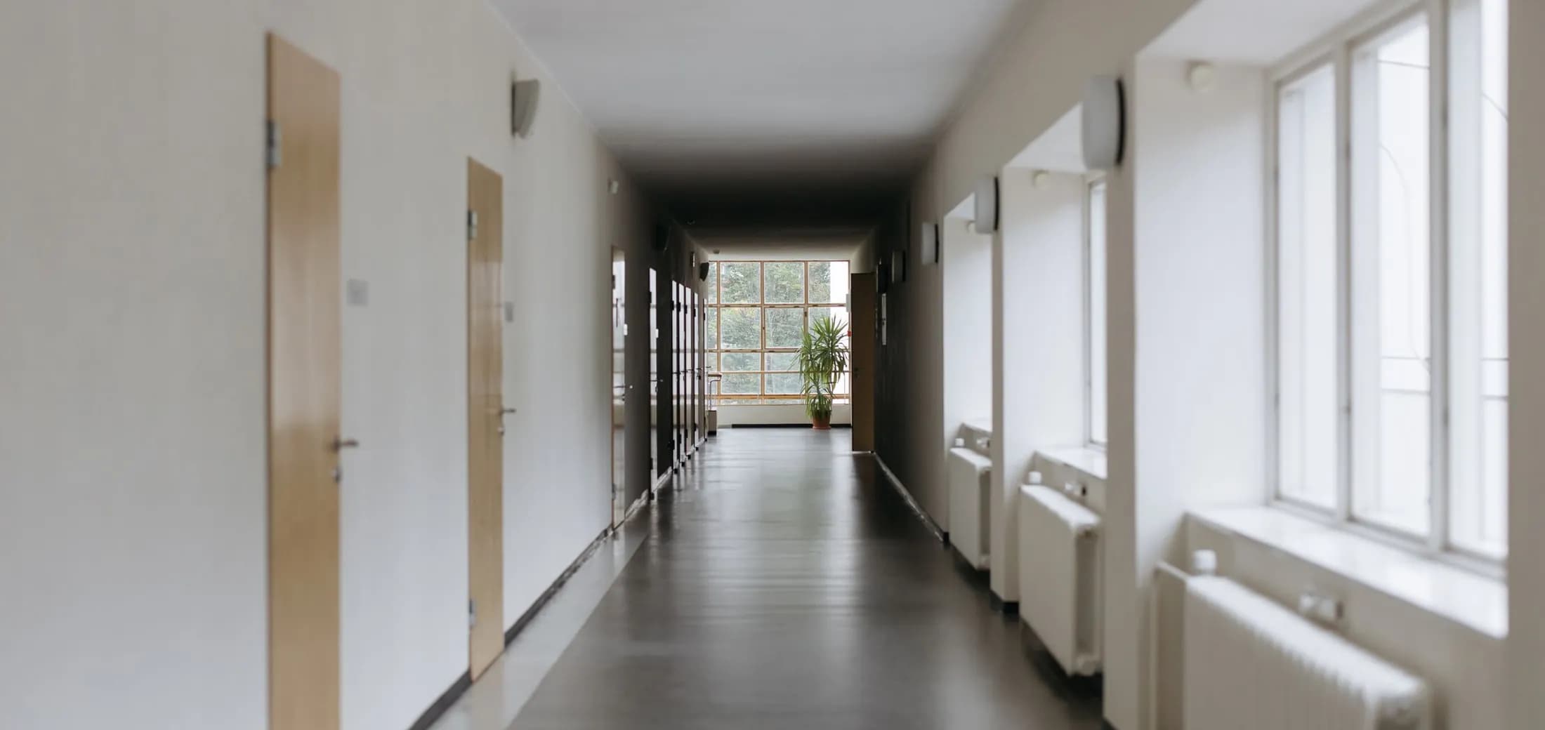 An empty school corridor, doors along one side and windows along the other, daylight at the far end